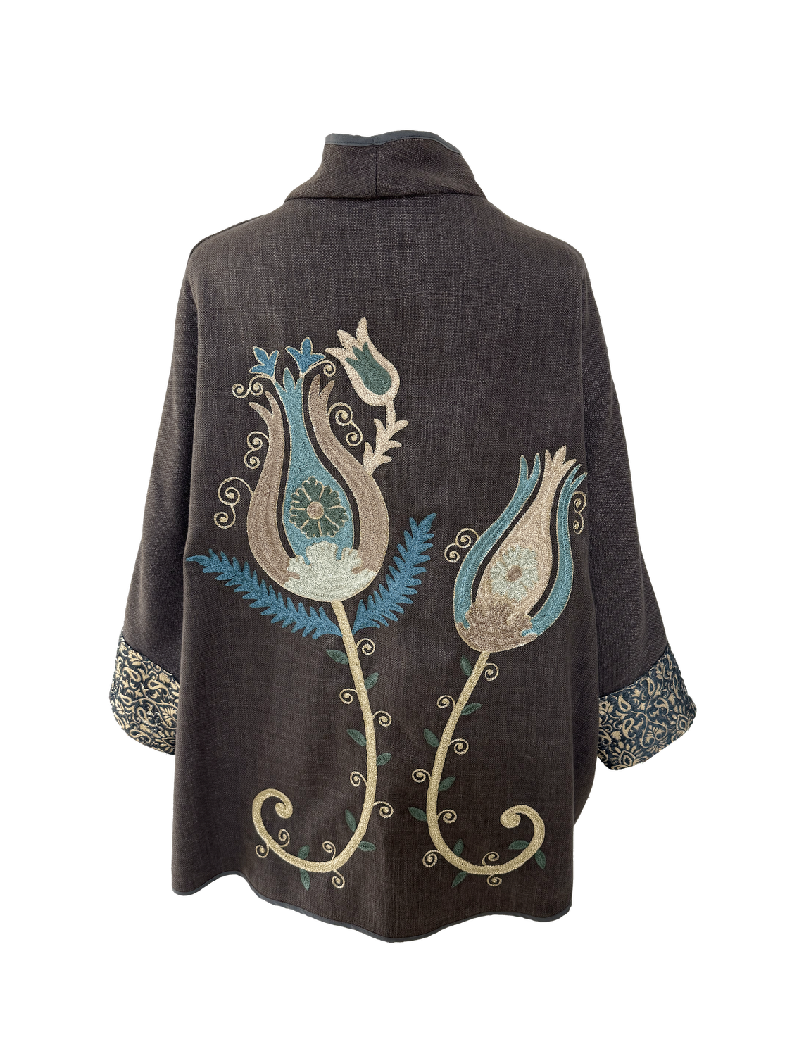 The Round Jacket With Aghabani Embroidery in Brown with Navy Blue Cuffs