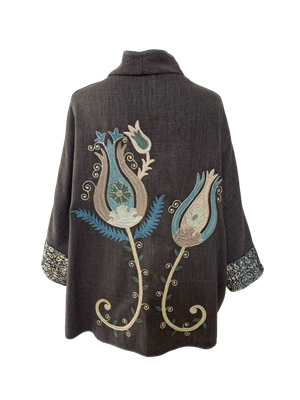 The Round Jacket With Aghabani Embroidery in Brown with Navy Blue Cuffs