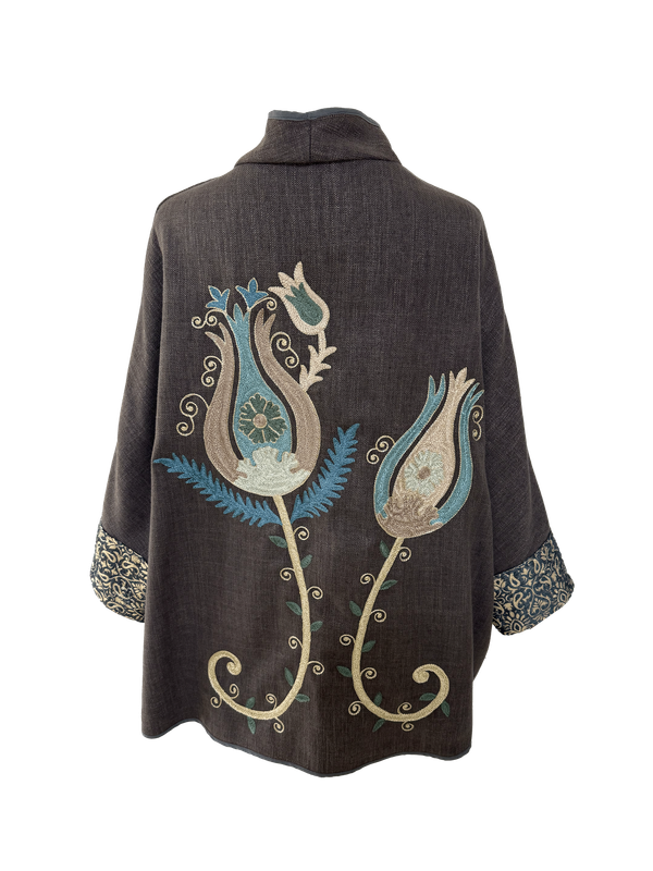 The Round Jacket With Aghabani Embroidery in Brown with Navy Blue Cuffs
