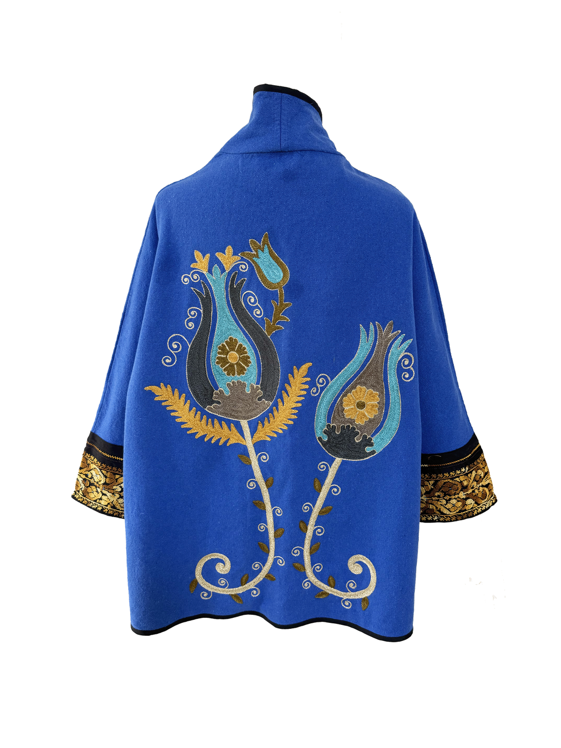 The Round Jacket With Aghabani Embroidery in Dark Blue with Yellow Cuffs