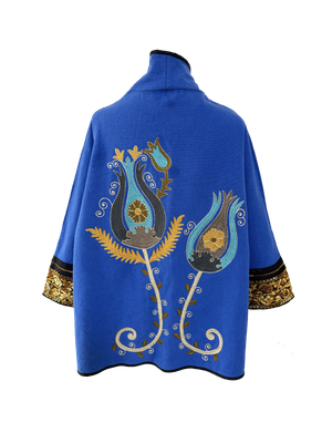 The Round Jacket With Aghabani Embroidery in Dark Blue with Yellow Cuffs