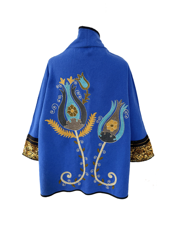 The Round Jacket With Aghabani Embroidery in Dark Blue with Yellow Cuffs