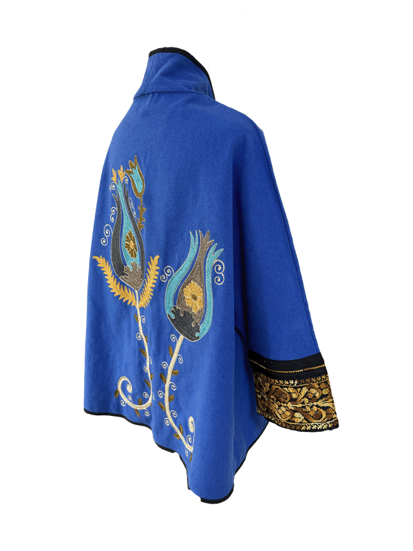 The Round Jacket With Aghabani Embroidery in Dark Blue with Yellow Cuffs