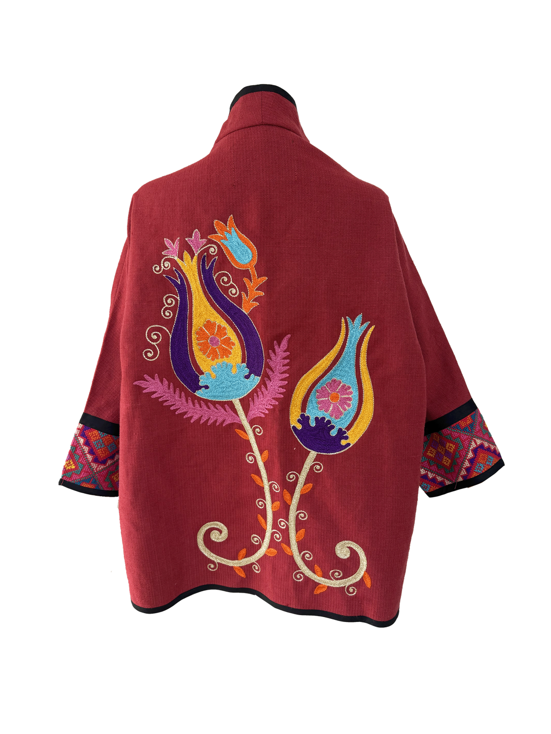 The Brick Red Round Jacket With Tulip Embroidery and Hand Embroidered Cuffs