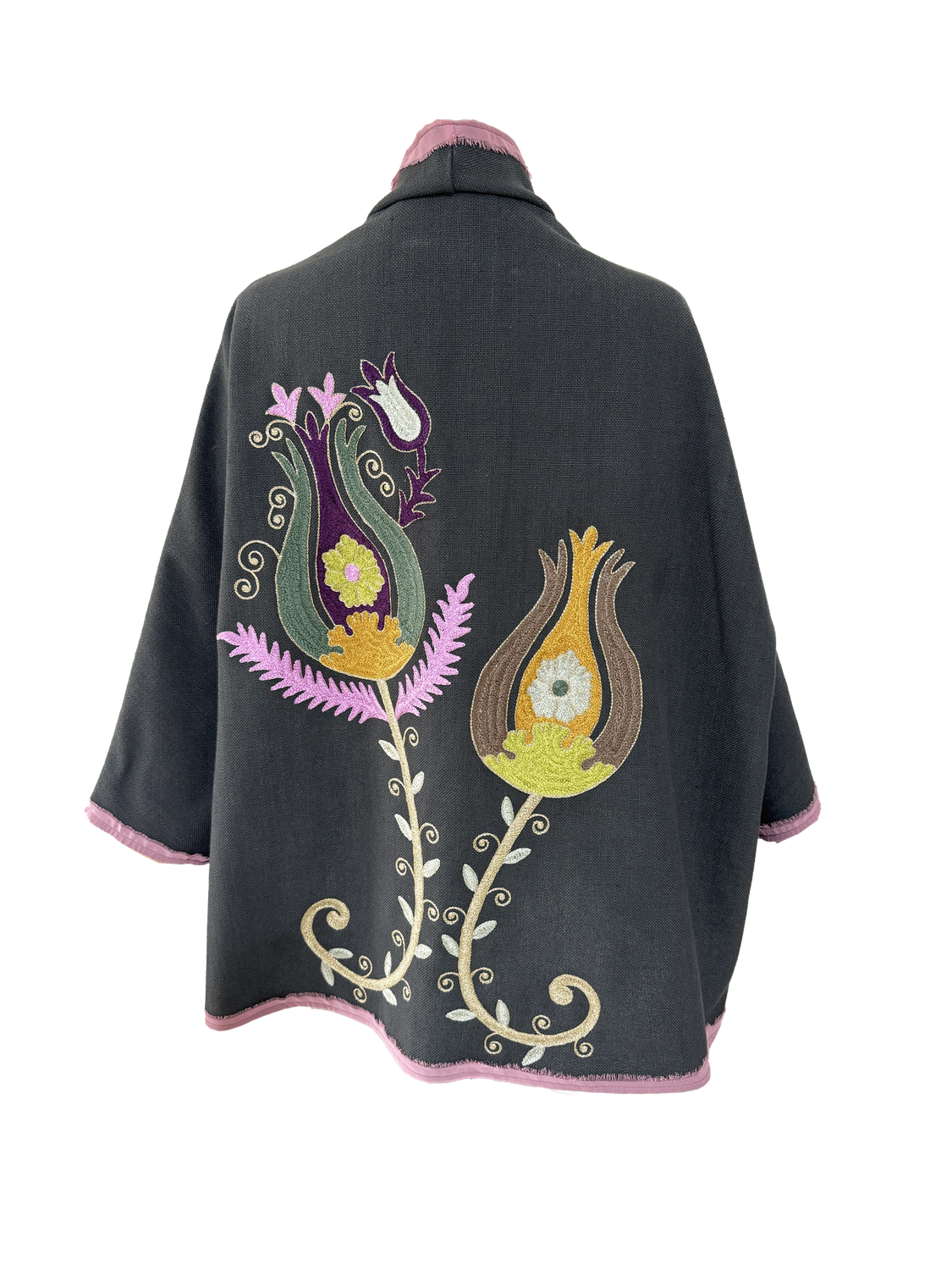 The Dark Grey Round Jacket With Aghabani Embroidery and Pink Trim