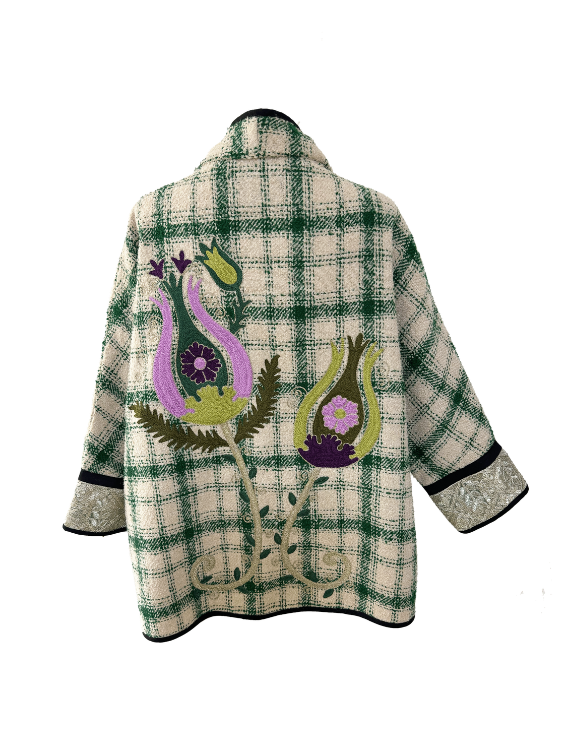 The Round Jacket With Aghabani Embroidery in Green Tweed