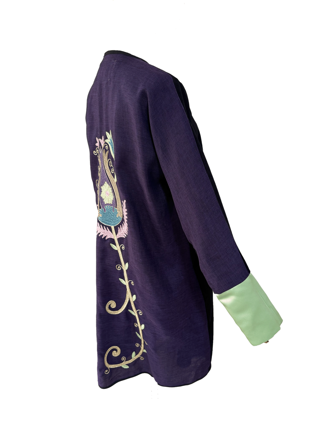 Abaya with Ottoman Tulip Embroidery in Purple with Green Sleeves