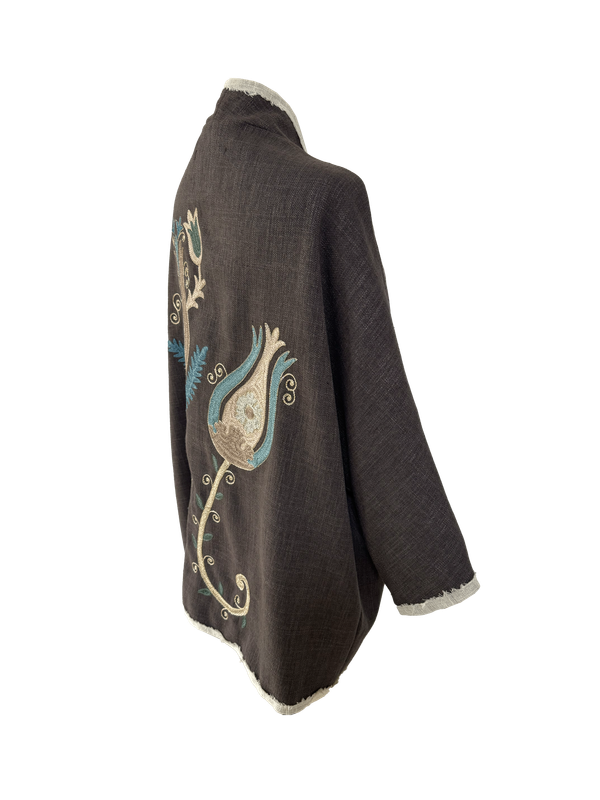 The Round Jacket With Aghabani Embroidery in Brown and White Trim
