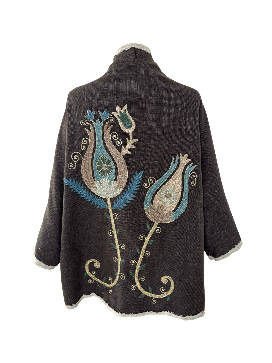 The Round Jacket With Aghabani Embroidery in Brown and White Trim