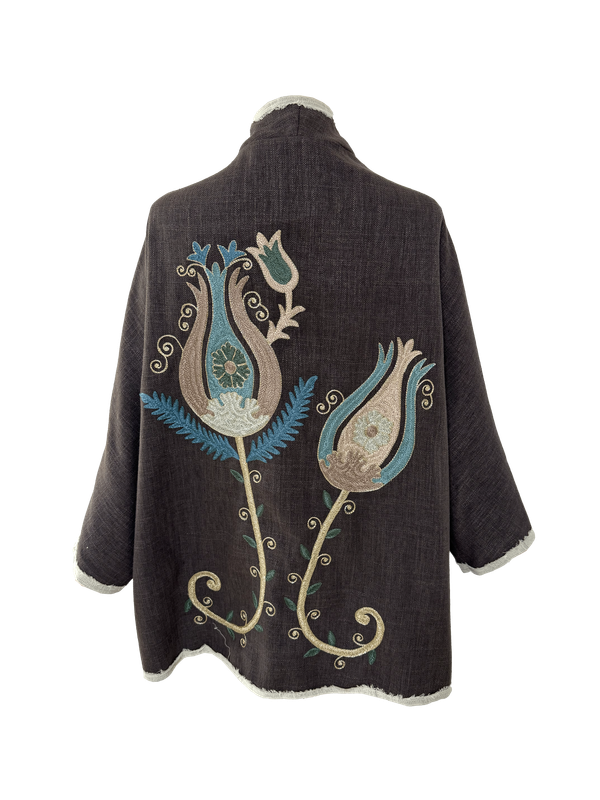 The Round Jacket With Aghabani Embroidery in Brown and White Trim