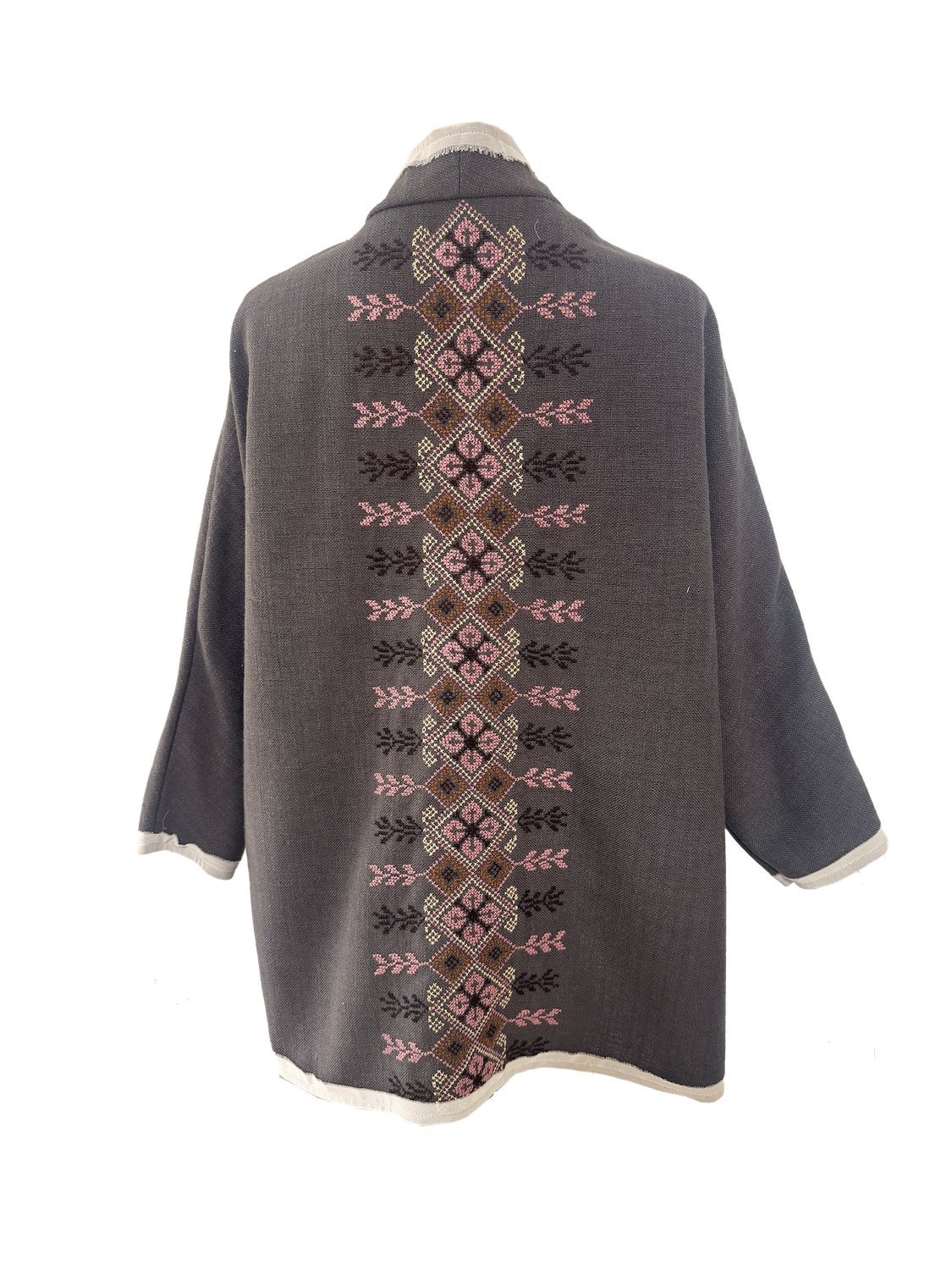The Round Jacket in Brown With Beige Trim and Pink Hand Embroidery