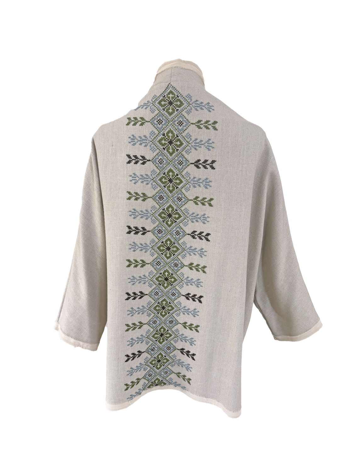 The Round Jacket in Beige With Beige Trim and Green Hand Embroidery