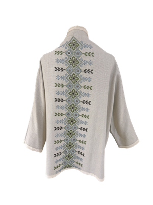 The Round Jacket in Beige With Beige Trim and Green Hand Embroidery