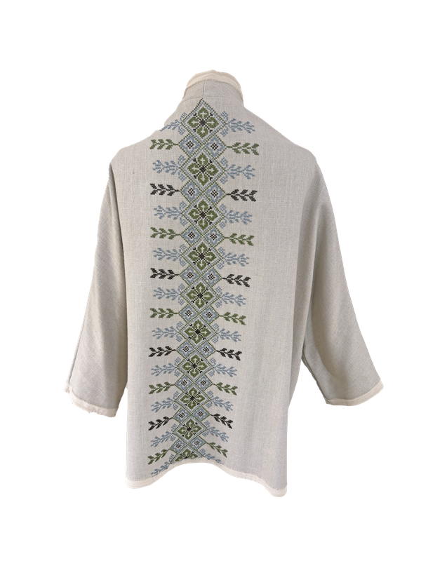 The Round Jacket in Beige With Beige Trim and Green Hand Embroidery