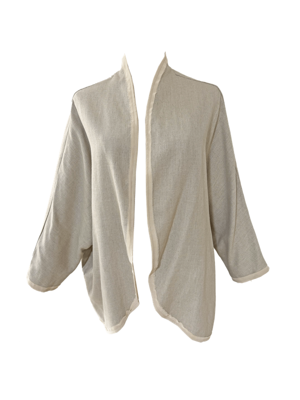 The Round Jacket in Beige With Beige Trim and Green Hand Embroidery