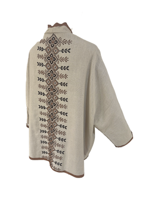 The Round Jacket in Beige With Brown Trim and Brown Hand Embroidery