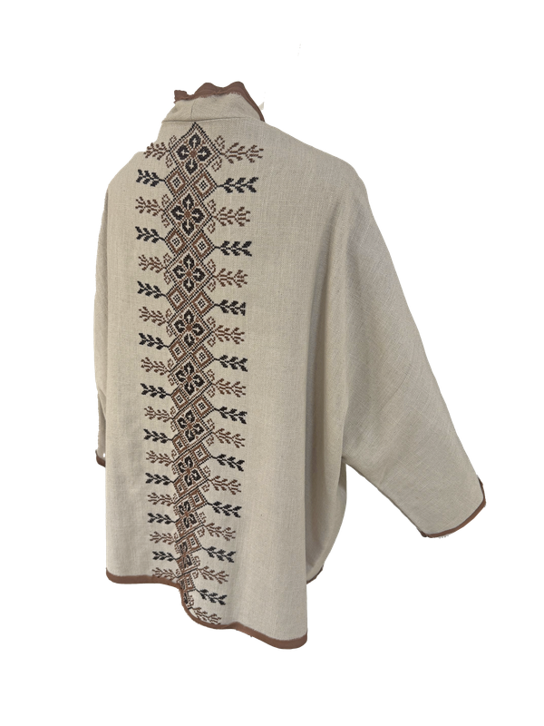 The Round Jacket in Beige With Brown Trim and Brown Hand Embroidery