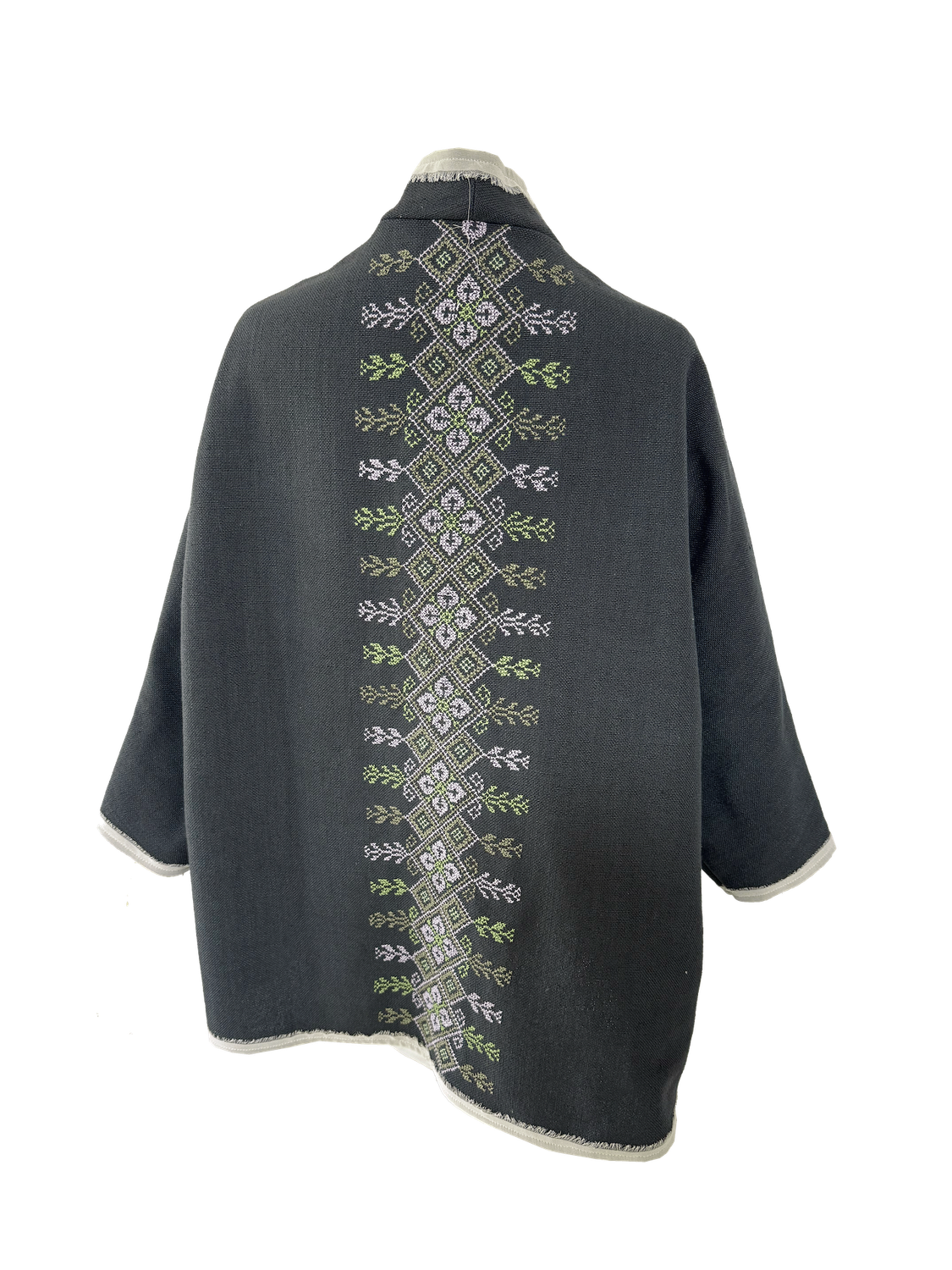 The Round Jacket in Dark Grey with Green and Lavender Embroidery