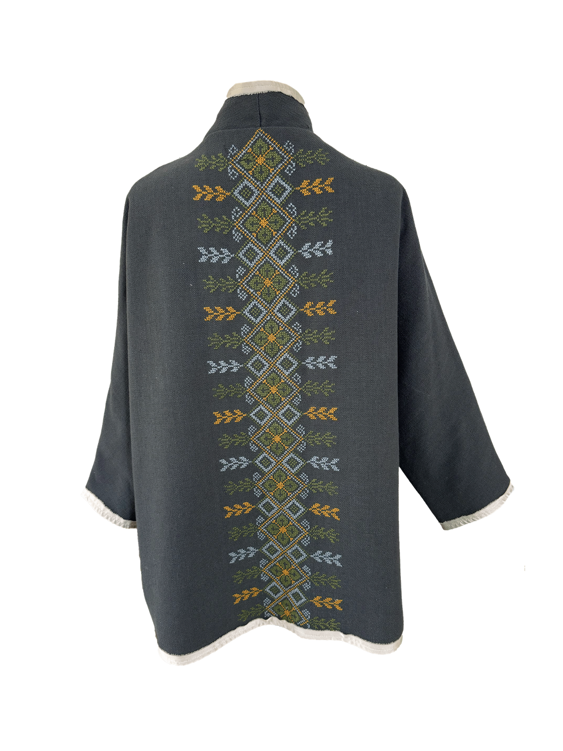 The Round Jacket in Dark Grey with Green Embroidery