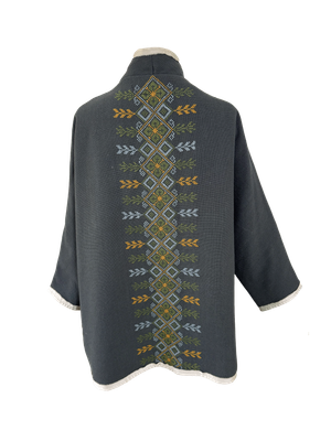 The Round Jacket in Dark Grey with Green Embroidery