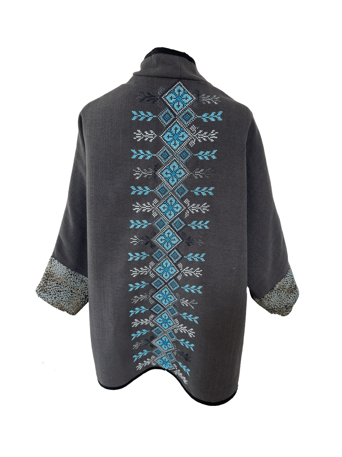 The Round Jacket in Dark Grey With Hand Embroidery and Blue Cuffs