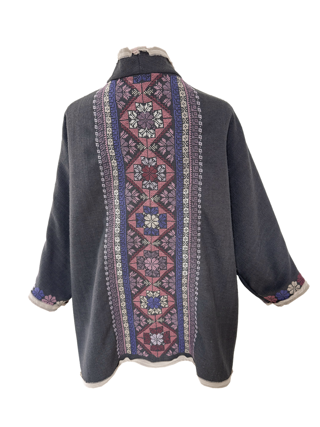 The Heavily Embroidered Round Jacket in Charcoal Grey with Purple Embroidery