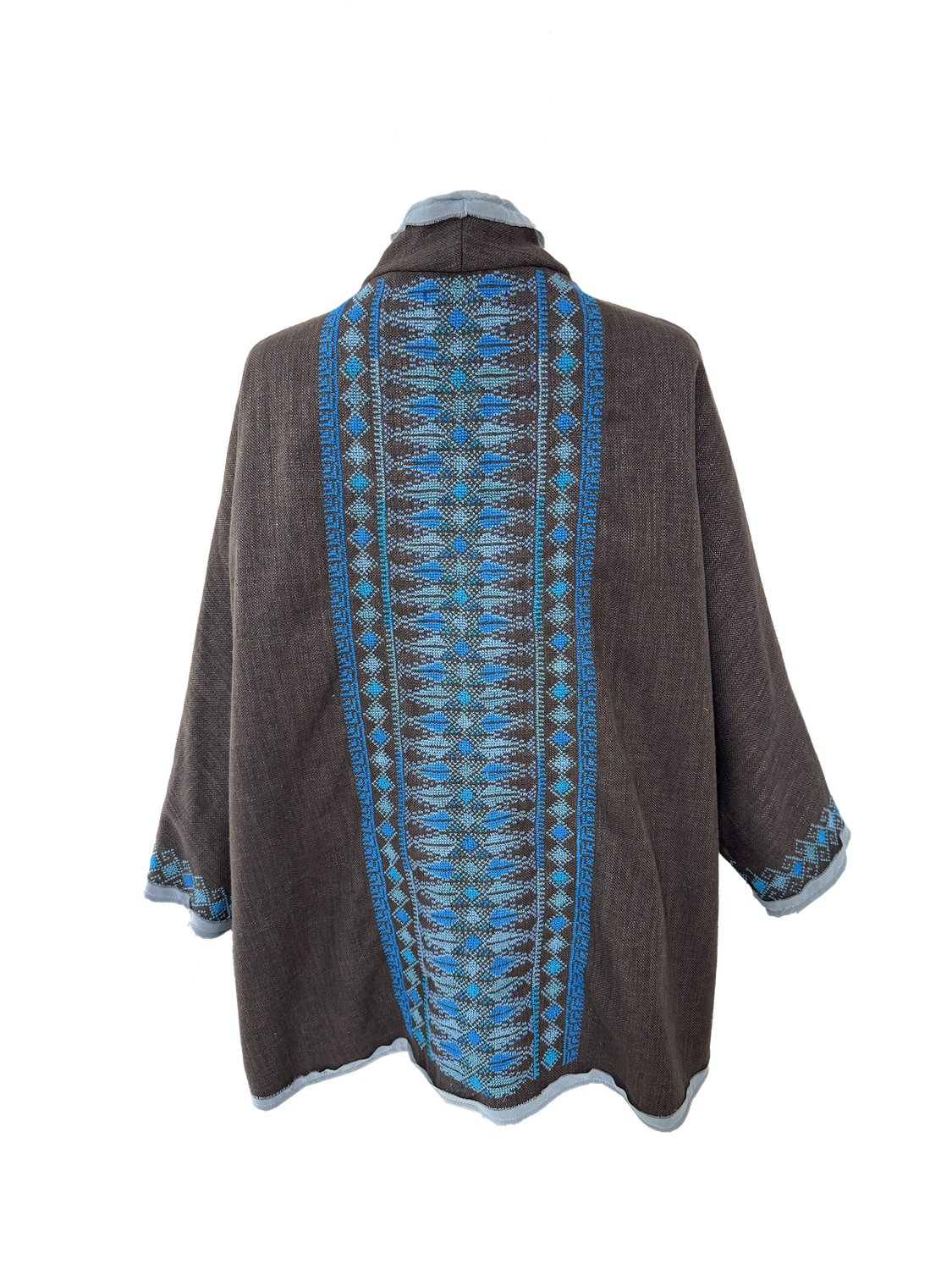 The Heavily Embroidered Round Jacket in Brown with Blue Embroidery