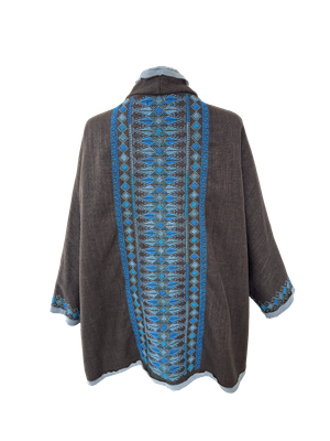 The Heavily Embroidered Round Jacket in Brown with Blue Embroidery