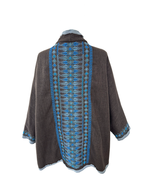 The Heavily Embroidered Round Jacket in Brown with Blue Embroidery