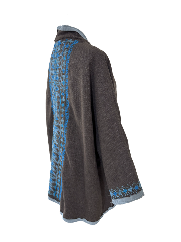The Heavily Embroidered Round Jacket in Brown with Blue Embroidery