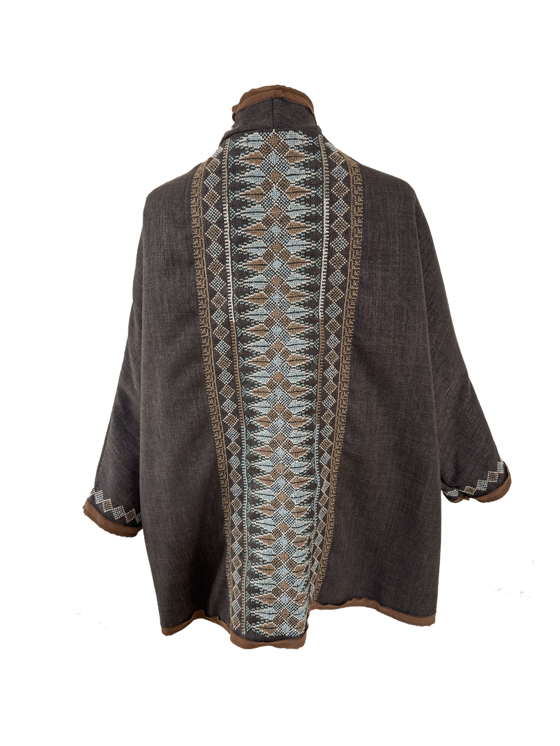 The Heavily Embroidered Round Jacket in Brown with Beige and Blue Embroidery