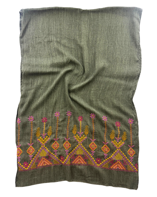 Nadia Dajani x MAP Embroidered Scarf in Olive Green