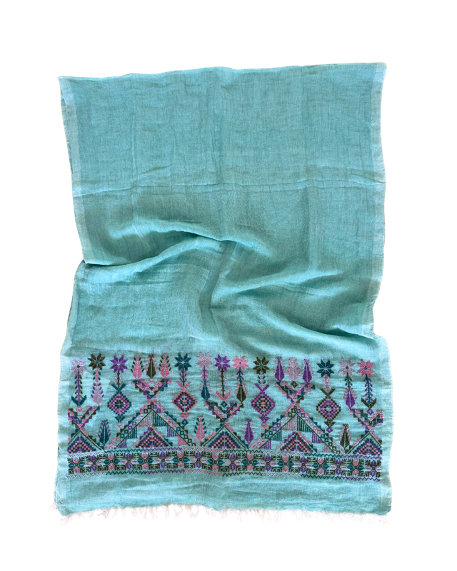 Nadia Dajani x MAP Embroidered Egyptian Cotton Scarf in Turquoise