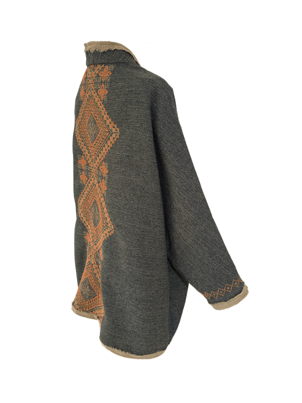 Nadia Dajani x MAP Hand Embroidered Tweed Round Jacket with Orange Embroidery