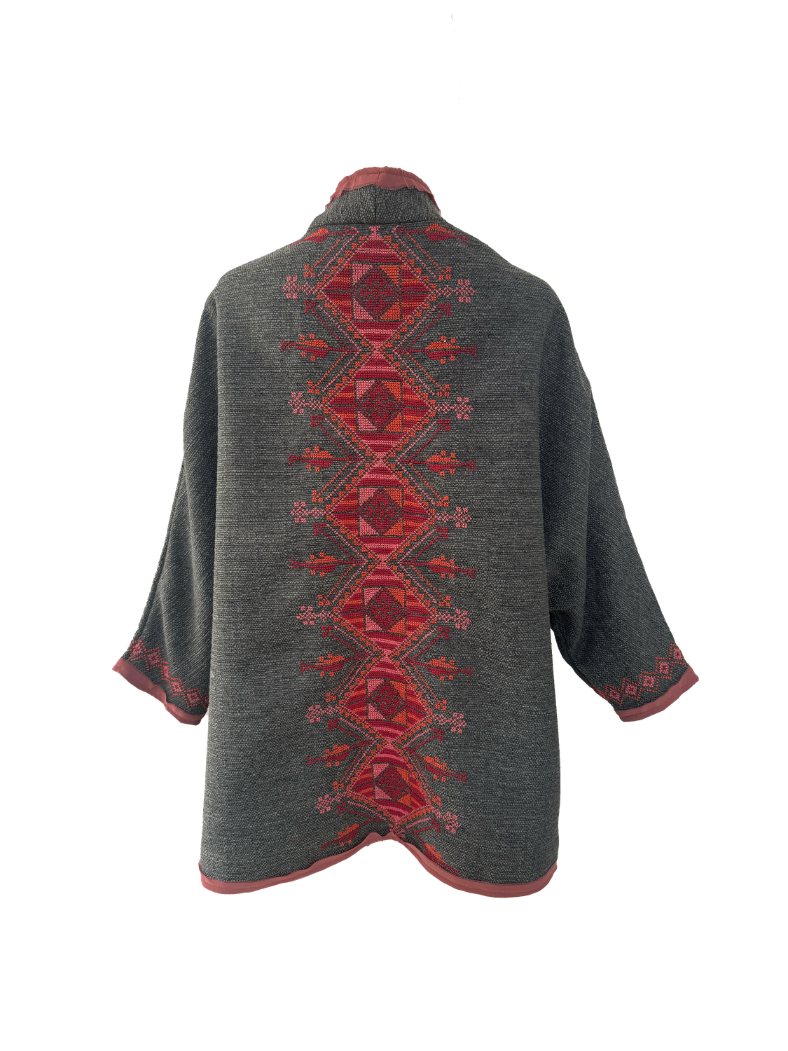 Nadia Dajani x MAP Hand Embroidered Brown Tweed Round Jacket with Red Embroidery