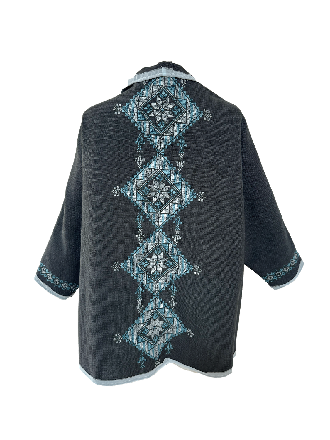 Nadia Dajani x MAP Hand Embroidered Dark Grey Round Jacket with Blue Embroidery