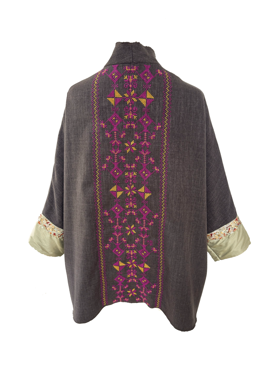Nadia Dajani x MAP Hand Embroidered Brown Round Jacket with Fuchsia Embroidery