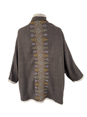 Nadia Dajani x UNHCR Brown Round Jacket with Pastel Hand Embroidery
