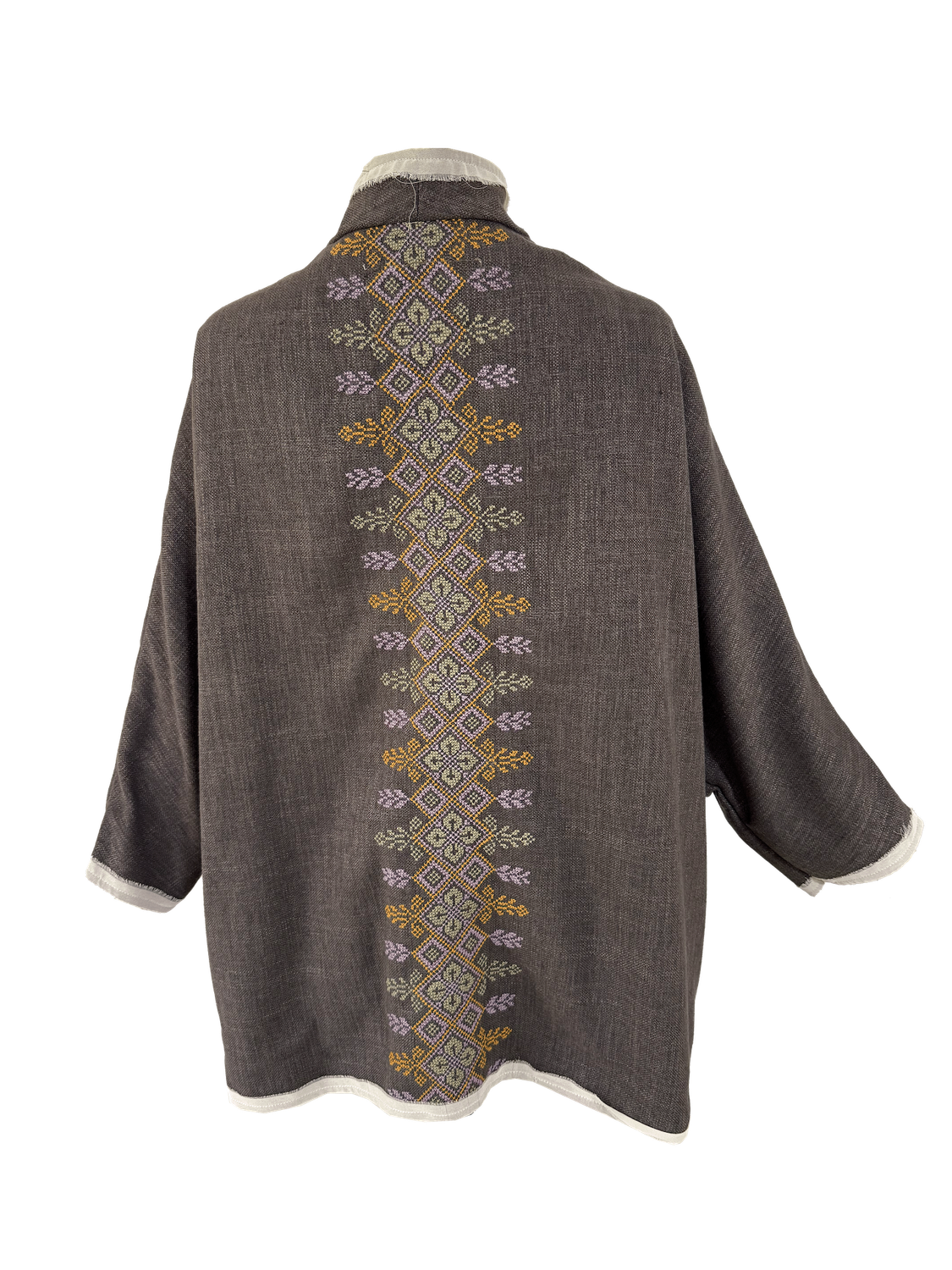 Nadia Dajani x UNHCR Brown Round Jacket with Pastel Hand Embroidery