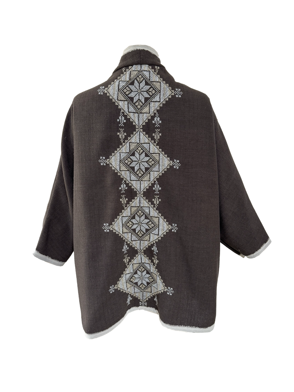 Nadia Dajani x MAP Hand Embroidered Round Jacket in Brown with Baby Blue Embroidery