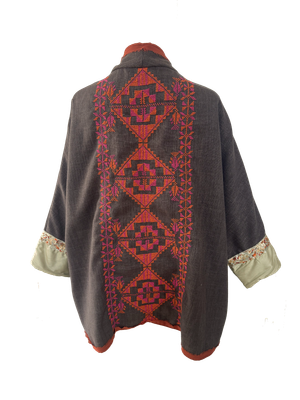 Nadia Dajani x MAP Hand Embroidered Round Jacket in Brown with Pink and Orange Embroidery