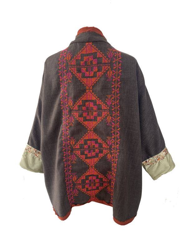 Nadia Dajani x MAP Hand Embroidered Round Jacket in Brown with Pink and Orange Embroidery