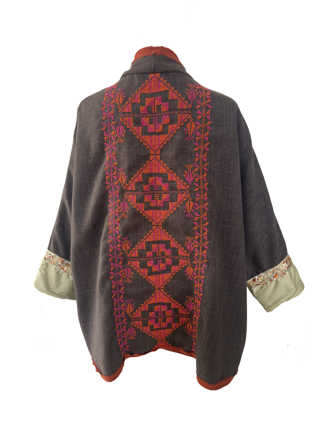 Nadia Dajani x MAP Hand Embroidered Round Jacket in Brown with Pink and Orange Embroidery