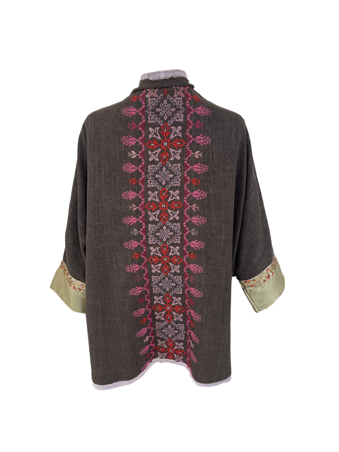 Nadia Dajani x MAP Hand Embroidered Round Jacket in Brown with Pink and Orange Embroidery