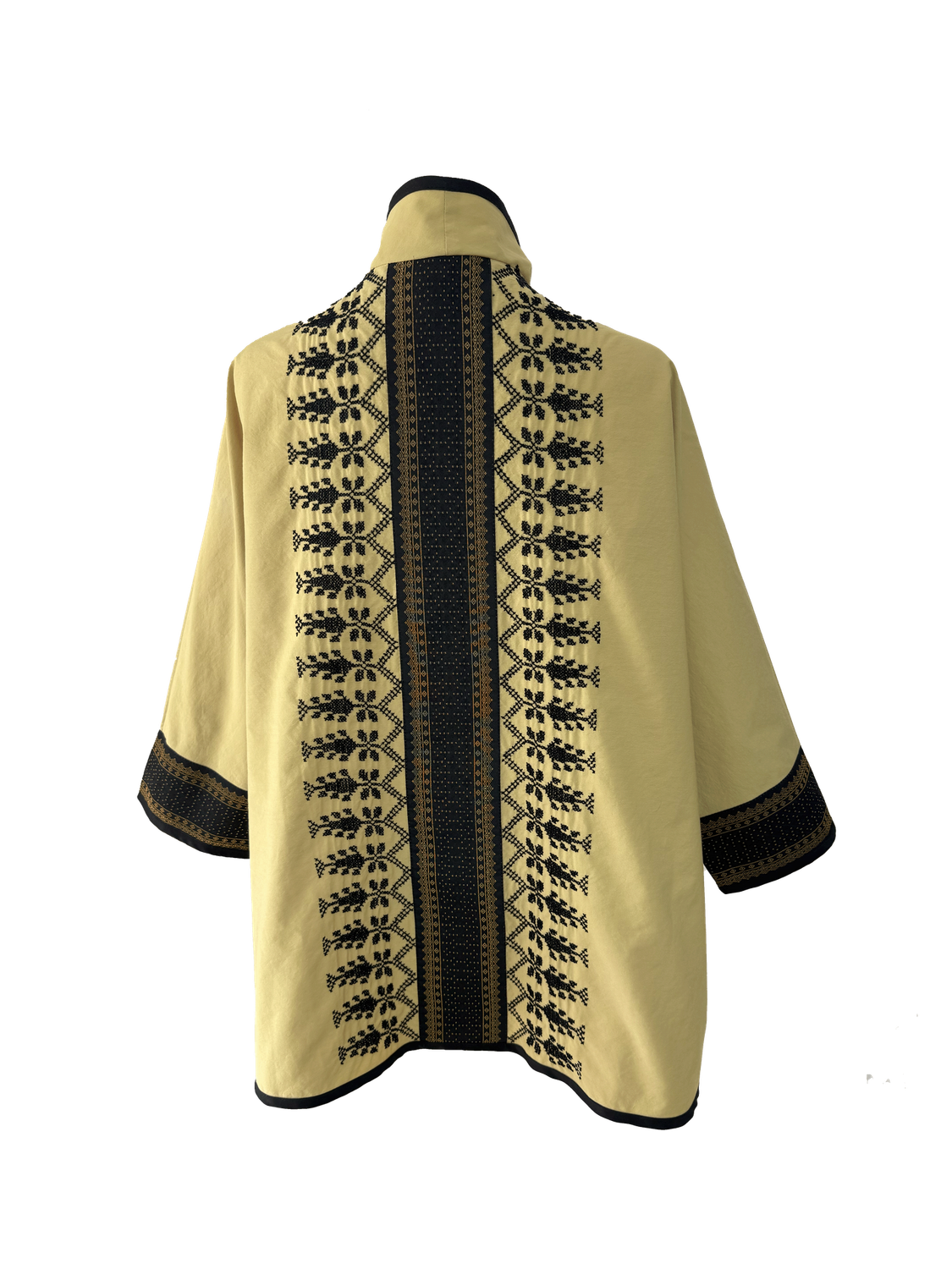 The Round Jacket in Yellow With Hand Embroidery and Silk Trim