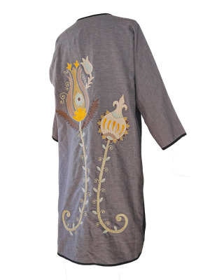 Abaya with Ottoman Tulip Embroidery in Black and Grey