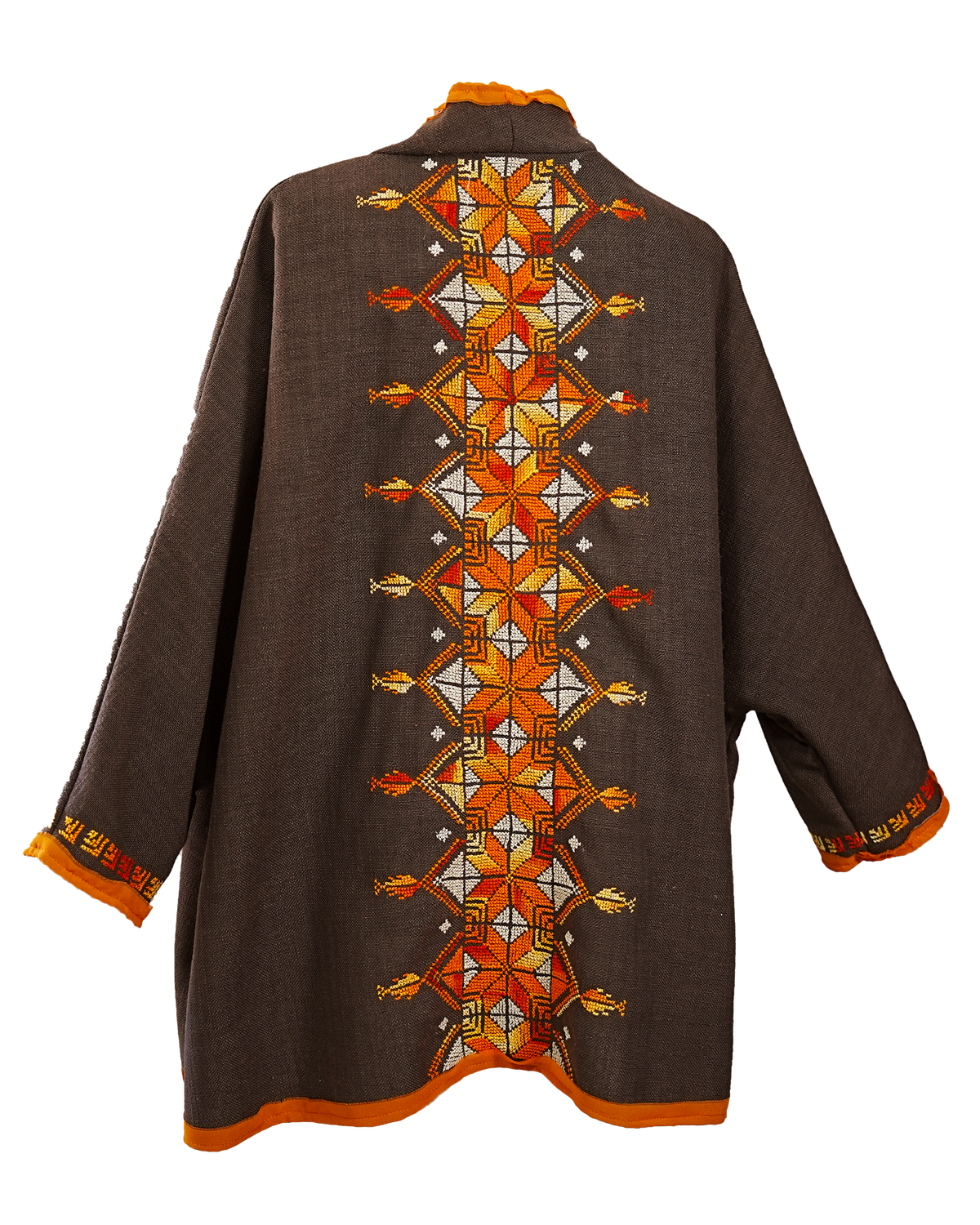 Nadia Dajani x MAP Hand Embroidered Brown Round Jacket with Orange Embroidery