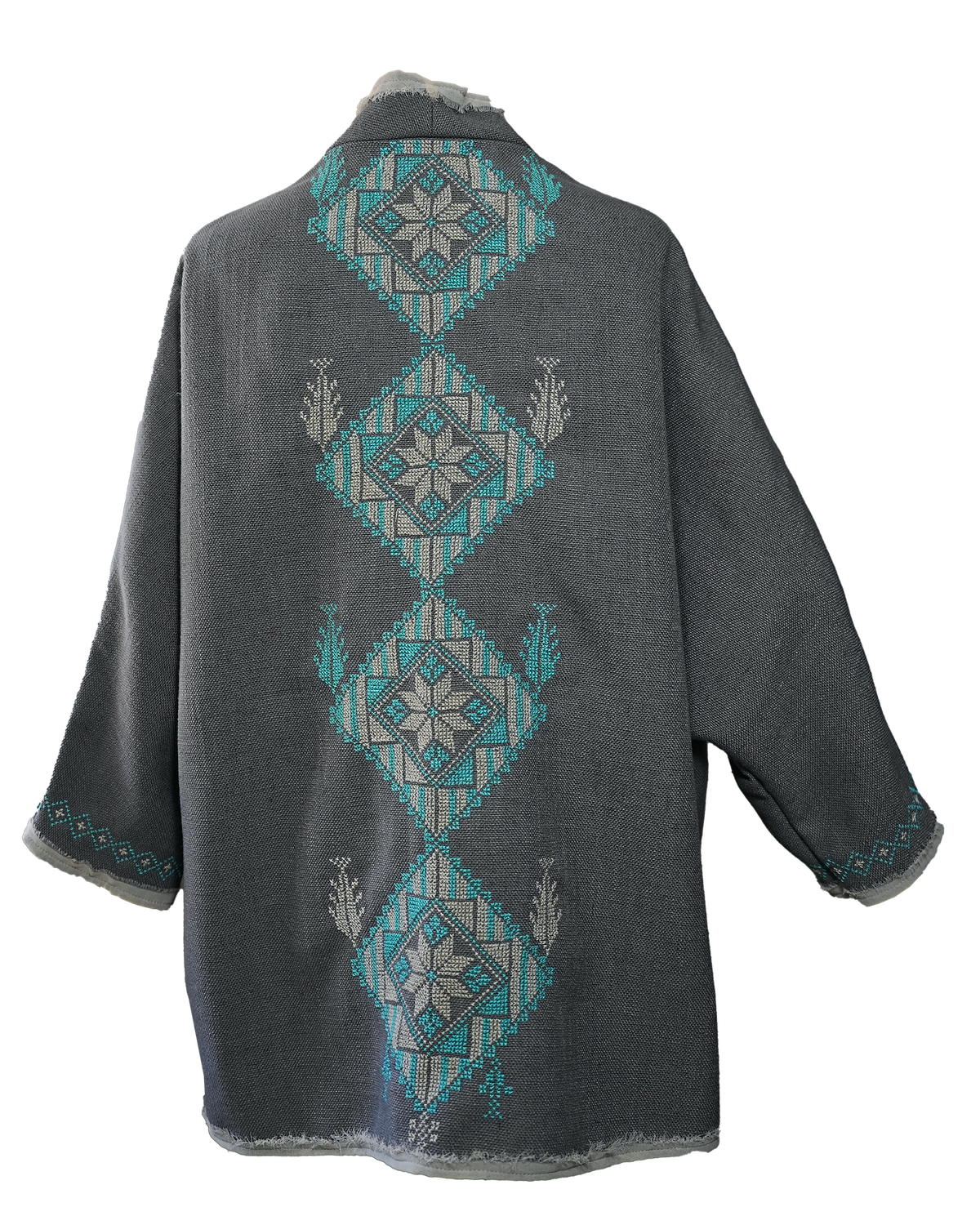 Nadia Dajani x MAP Light Grey Round Jacket with Baby Blue Geometric Hand Embroidery
