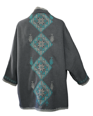 Nadia Dajani x MAP Light Grey Round Jacket with Baby Blue Geometric Hand Embroidery