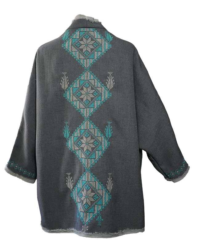 Nadia Dajani x MAP Light Grey Round Jacket with Baby Blue Geometric Hand Embroidery